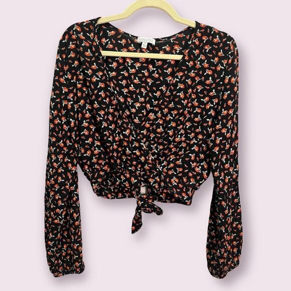 Patrons of Peace Black & Red Floral Wrap Cropped Long Sleeve Blouse Women’s M - Picture 1 of 5